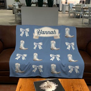 Blue Bows Coquette Cowgirl Boots and Bows Custom Name Blanket Toile de Jouy Print Chinoiserie Bow
