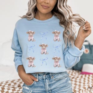 Coquette Aesthetic Farm Shirt Gift for Cow Lover Blue Bows Cute Cow Sweatshirt Farming Sweatshirt Highland Cow Gift  Light Blue Sweatshirt