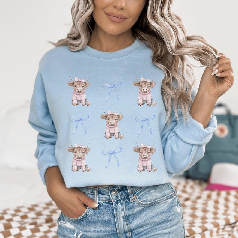 Coquette Aesthetic Farm Shirt Gift for Cow Lover Blue Bows Cute Cow Sweatshirt Farming Sweatshirt Highland Cow Gift  Light Blue Sweatshirt
