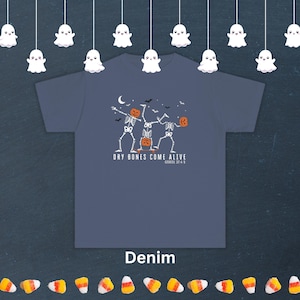 Denim Blue Kids Christian Halloween Tee Comfort Colors Dancing Skeleton Shirt Youth Bible Verse Halloween