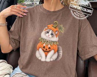 May include: A brown short-sleeve t-shirt featuring a graphic of a fluffy white cat wearing a pumpkin costume with a green leaf collar and a jack-o'-lantern body. The shirt includes a circular logo in the corner with the text COMFORT COLORS.
