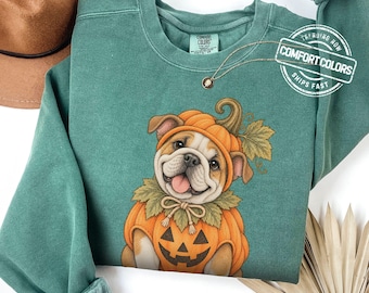 May include: A sage green crewneck sweatshirt featuring a graphic of a bulldog wearing a pumpkin costume with a jack-o'-lantern face and green leaves. The shirt has a Comfort Colors brand tag at the neckline and a small label reading Light Green.