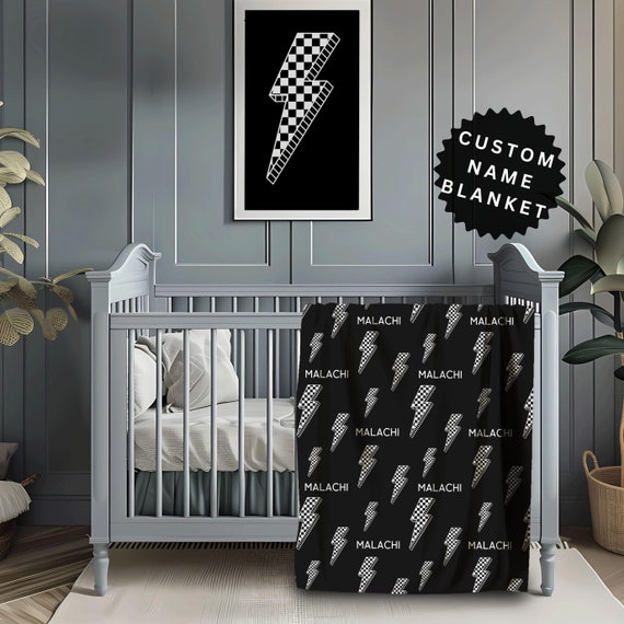 Custom Baby Boy Blanket Personalized Newborn Boy Checked Bolt Baby Boy Name Blanket Custom Baby Shower Gift for Toddler Boy Birthday Blanket