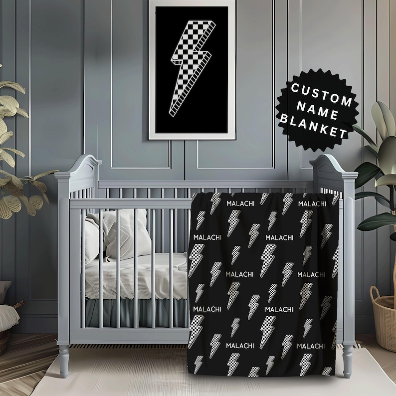 Custom Baby Boy Blanket Personalized Newborn Boy Checked Bolt Black Baby Blanket 2 year old boy Gift
