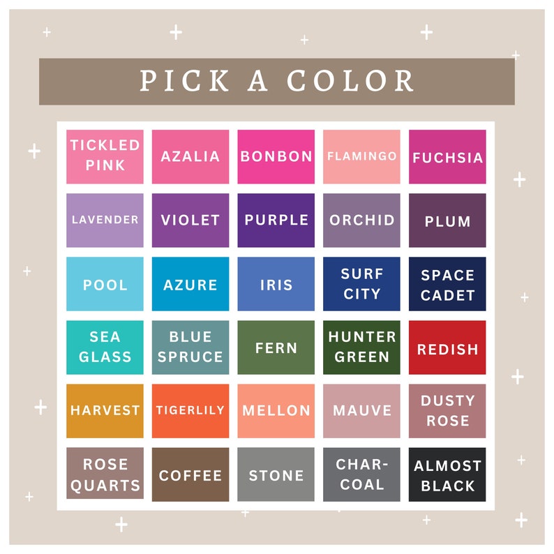 May include: A color chart with 45 different color swatches. Each swatch has a name, such as "Tickled Pink", "Azure", "Hunter Green", and "Almost Black".