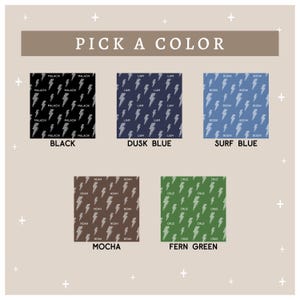 May include: Image showcasing fabric swatches in various colors: black, dusk blue, surf blue, mocha, and fern green. Each swatch features a repeating pattern of lightning bolts and names. The text "PICK A COLOR" is at the top.
