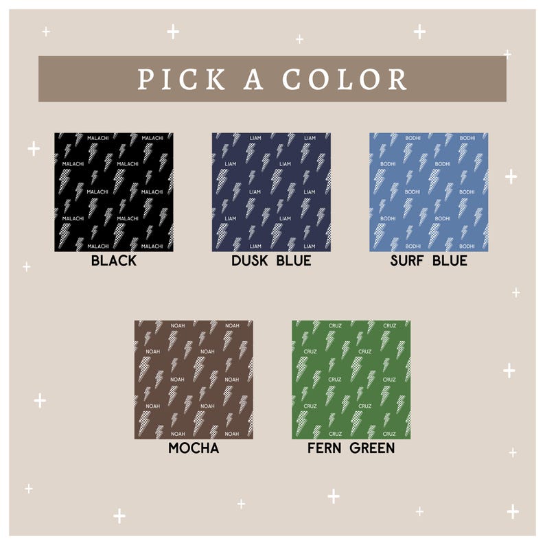 May include: Image showcasing fabric swatches in various colors: black, dusk blue, surf blue, mocha, and fern green. Each swatch features a repeating pattern of lightning bolts and names. The text "PICK A COLOR" is at the top.