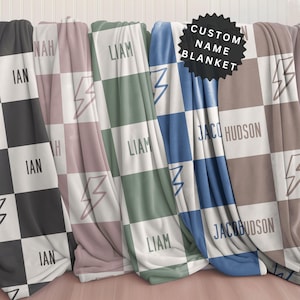 Personalized Baby Boy Name Blanket Custom Baby Shower Gift for Newborn Boy Black Pink Green Blue Tan Checkered Baby Blanket with Lightning Bolt