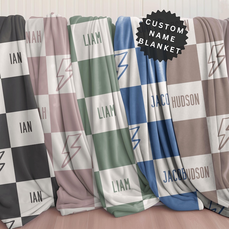 Personalized Baby Boy Name Blanket Custom Baby Shower Gift for Newborn Boy Black Pink Green Blue Tan Checkered Baby Blanket with Lightning Bolt