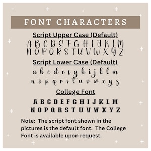May include: A graphic showing different font styles for a custom design. The text reads "FONT CHARACTERS" and lists the different font styles: Script Upper Case (Default), Script Lower Case (Default), and College Font. The font styles are shown with the alphabet in each style.