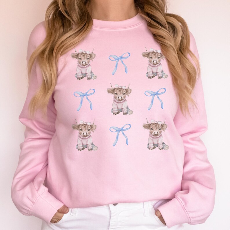 Highland Cow Sweatshirt Coquette Aesthetic Farm Shirt Gift for Cow Lover Blue Bows Cute Cow Sweatshirt Light Pink Sweatshirt