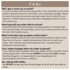 May include: A beige graphic titled "FAQs" with text addressing common customer questions. Topics include mock-ups, delivery times, bulk orders, and order modifications. The text is presented in a clear, easy-to-read font.