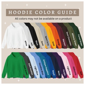 K&ouml;nnte beinhalten: Ein Farbguide f&uuml;r Hoodies mit 18 verschiedenen Farben. Die Farben sind in zwei Reihen mit jeweils neun Farben angeordnet. Die Farben sind: Wei&szlig;, Asche, Schwarz, Sand, Sportgrau, Gold, Orange, Rotbraun, Dunkelbraun, Milit&auml;rgr&uuml;n, Waldgr&uuml;n, Rot, Heliconia, Hellrosa, Lila, Marineblau, Royalblau, Antikes Saphirblau, Carolina Blau, Hellblau, Dunkelgrau und Irischgr&uuml;n.