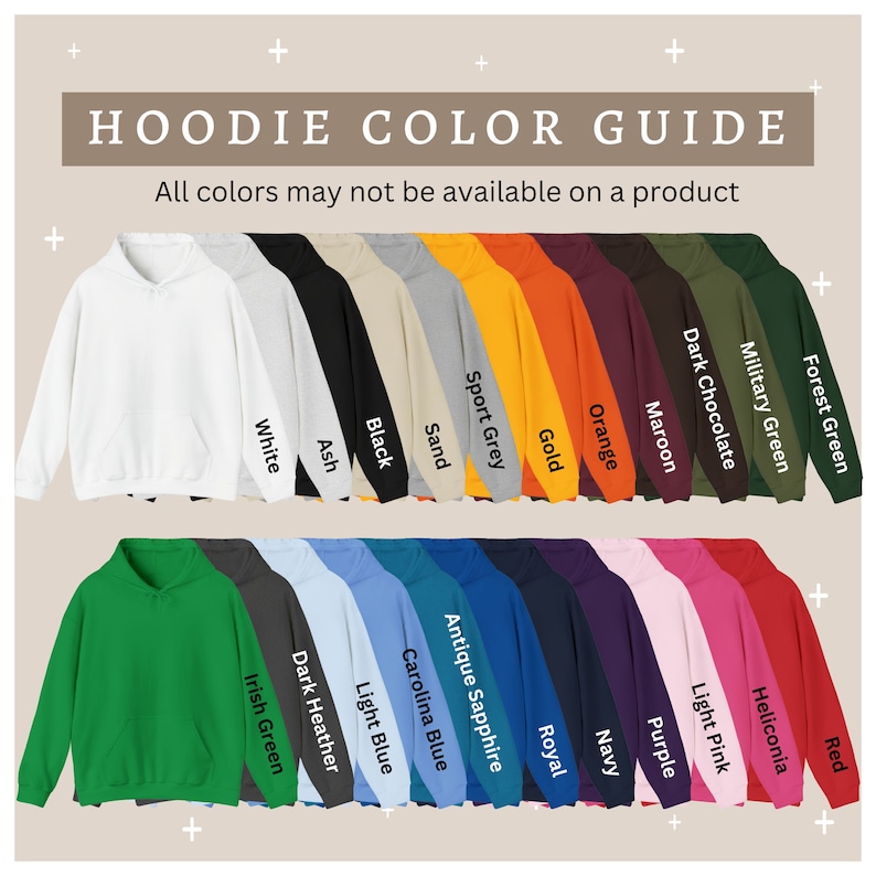 K&ouml;nnte beinhalten: Ein Farbguide f&uuml;r Hoodies mit 18 verschiedenen Farben. Die Farben sind in zwei Reihen mit jeweils neun Farben angeordnet. Die Farben sind: Wei&szlig;, Asche, Schwarz, Sand, Sportgrau, Gold, Orange, Rotbraun, Dunkelbraun, Milit&auml;rgr&uuml;n, Waldgr&uuml;n, Rot, Heliconia, Hellrosa, Lila, Marineblau, Royalblau, Antikes Saphirblau, Carolina Blau, Hellblau, Dunkelgrau und Irischgr&uuml;n.