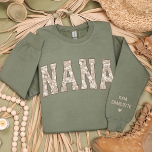 Personalized Nana Sweatshirt Names on Sleeve Custom Nana Gift from Grandkids Name Gift for Nana Shirt Floral  New Nana Pregnancy Reveal Gift