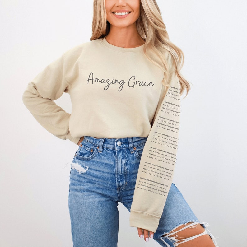 Trendy Christian Sweatshirt Amazing Grace Christian Apparel Faith Crewneck Sand Sweatshirt Jesus Gift
