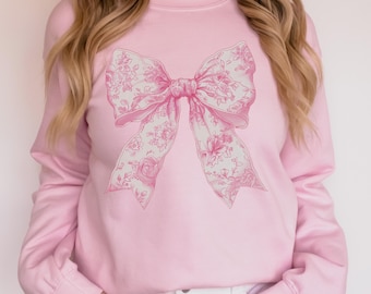 Coquette Bow Sweatshirt Love Toile de Jouy Pink Bow Fancy Chinoiserie Print Trendy Sweatshirt Coquette Aesthetic Bow Cute Friend Gift