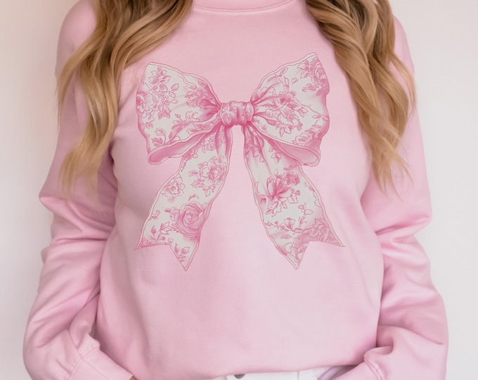Coquette Bow Sweatshirt Love Toile de Jouy Pink Bow Fancy Chinoiserie Print Trendy Sweatshirt Coquette Aesthetic Bow Cute Friend Gift