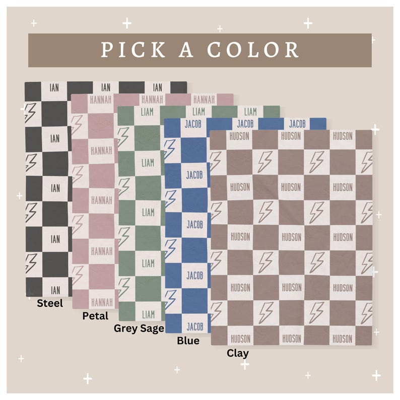 May include: Five fabric swatches with a checkered pattern and lightning bolt design. The swatches are labeled "Steel", "Petal", "Grey Sage", "Blue", and "Clay".