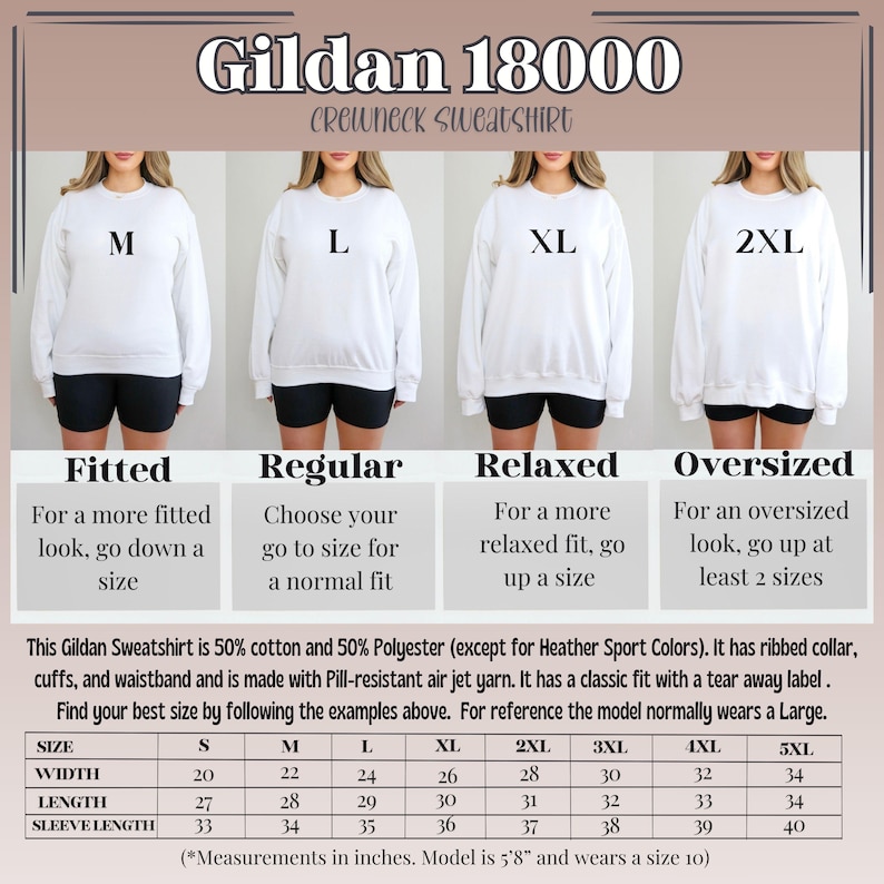 May include: White Gildan 18000 crewneck sweatshirt with size guide. The image shows four models wearing the sweatshirt in sizes M, L, XL, and 2XL. The size chart provides measurements in inches for width, length, and sleeve length.
