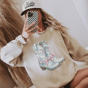 Boots Bow Aesthetic Crewneck Pink Bows Western Sweatshirt Concert Merch Cute Gift For Friend Trendy Sweatshirt Tan Sand Sweatshirt