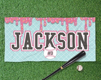 Custom Baseball Beach Towel Melting Ice Cream Sprinkles Boy Name Gift Name Towel Coach Gift Drip Gift Personalized Boys Baseball Team Gift