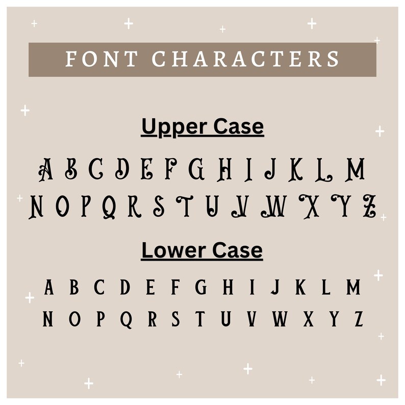 K&ouml;nnte beinhalten: Eine Grafik, die die Gro&szlig;- und Kleinbuchstaben des Alphabets in einem dekorativen Schriftstil zeigt. Die Buchstaben sind schwarz auf beigefarbenem Hintergrund.