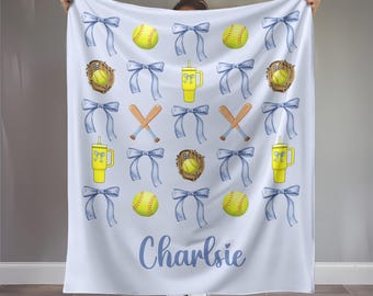 Personalized Softball Blanket Custom Softball Gift Softball Coach Gift Coquette Softball Custom Softball Team Custom Softball Mom Name Gift