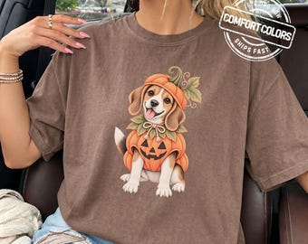 May include: A brown short-sleeve t-shirt featuring a graphic of a beagle puppy wearing a pumpkin costume with a matching hat. The puppy has a white chest and paws, and the pumpkin has a carved jack-o'-lantern face. The shirt includes a circular logo.