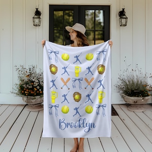 Custom Softball Blanket Personalized Softball Blanket Softball Team Gift Coquette Softball Bows Softball Coach Custom Softball Name Blanket