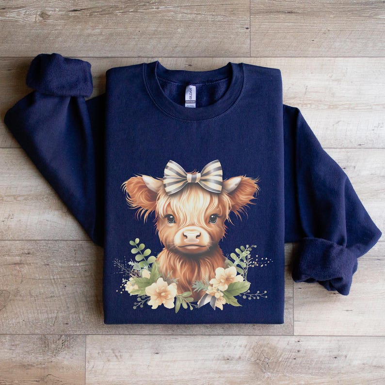 Navy Blue Kids Cow Sweatshirt Youth Cow Shirt Girls Fall Shirt