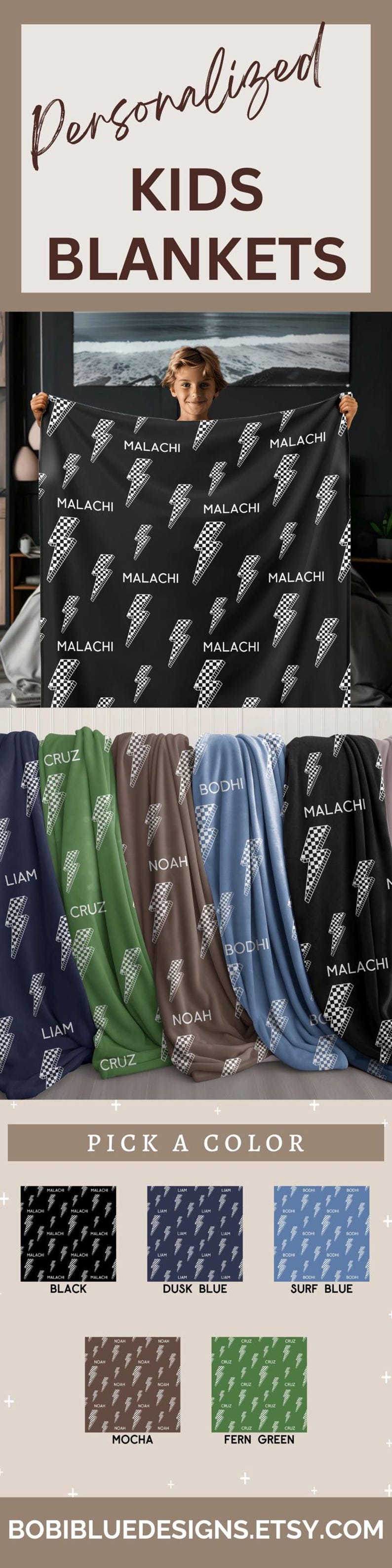 May include: Personalized kids blankets in various colors, featuring a lightning bolt pattern and personalized names. Available colors include black, dusk blue, surf blue, mocha, and fern green. The blankets are designed for children.