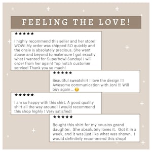 May include: Five-star reviews for a shop selling clothing. The reviews highlight the fast shipping, quality of the product, and excellent customer service. The text includes the phrase "Feeling the Love!"