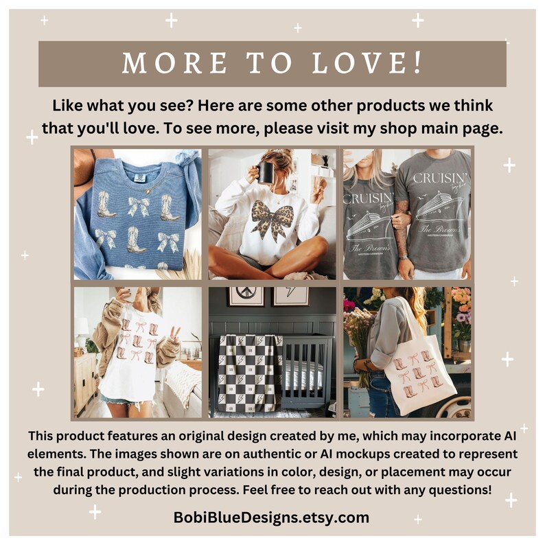 May include: A collage of different products featuring various designs. The products include a light blue t-shirt with a boot design, a white sweatshirt with a brown bow design, a grey t-shirt with the text "CRUISIN' The Brown's", a white t-shirt with a boot design, a black and white checkered blanket, and a white tote bag with a boot design.