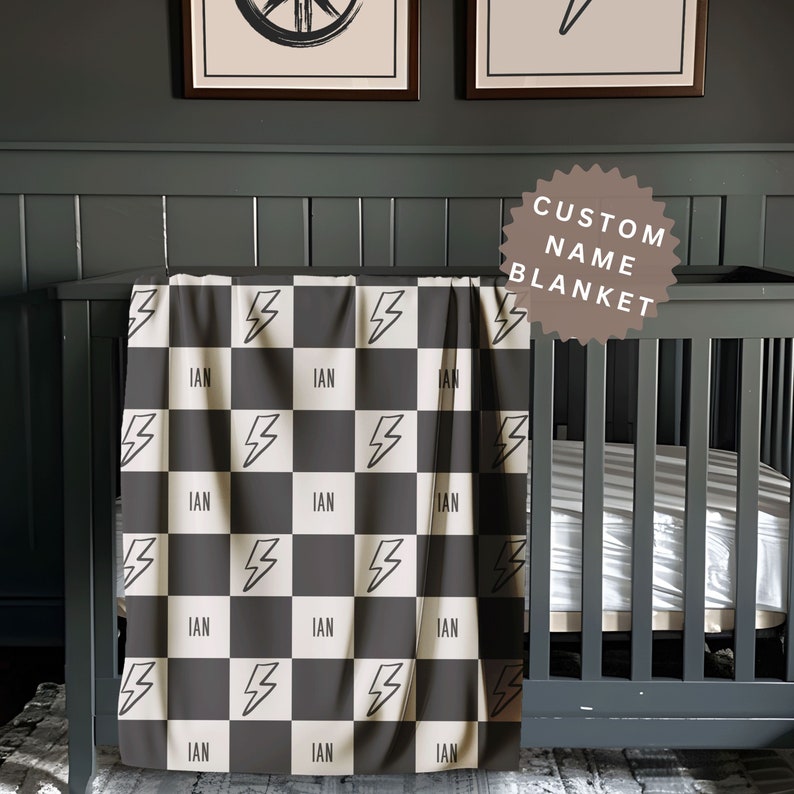 Custom Baby Shower Gift for Newborn Boy Cool Gift for Baby Boy Toddler Gift Checkered Custom Grey Black Baby Blanket Baby Boys Room.