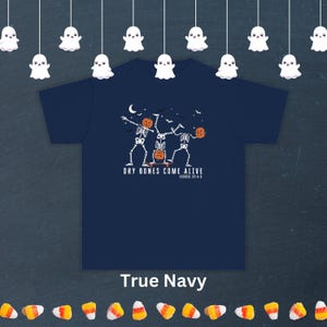 Kids Christian Halloween Tee Comfort Colors Dancing Skeleton Shirt Youth Bible Verse Halloween Gift Boy Halloween T-shirt Girl Halloween Tee True Navy Tshirt