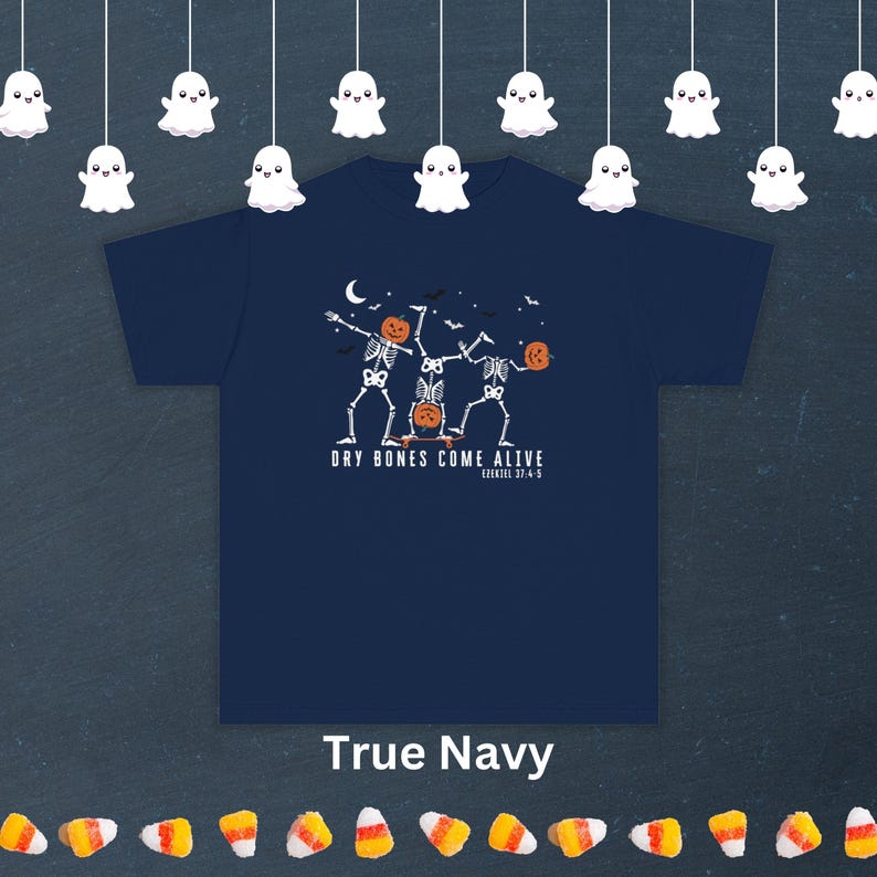 Kids Christian Halloween Tee Comfort Colors Dancing Skeleton Shirt Youth Bible Verse Halloween Gift Boy Halloween T-shirt Girl Halloween Tee True Navy Tshirt