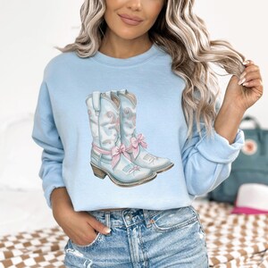 Coquette Cowgirl Sweatshirt Boots Bow Aesthetic Crewneck Pink Bows Western Sweatshirt Concert Merch Cute Gift Light Blur Sweatshirt