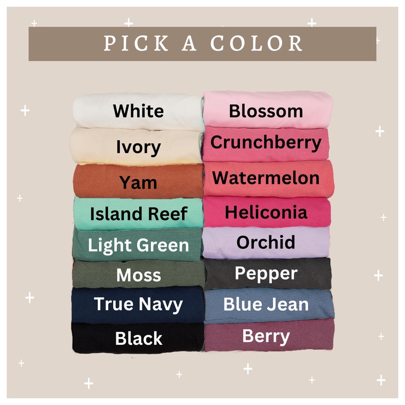 May include: A color chart showing 14 different fabric swatches. The swatches are arranged in two columns, with seven swatches in each column. The swatches are labeled with the following colors: White, Ivory, Yam, Island Reef, Light Green, Moss, True Navy, Black, Blossom, Crunchberry, Watermelon, Heliconia, Orchid, Pepper, Blue Jean, Berry.
