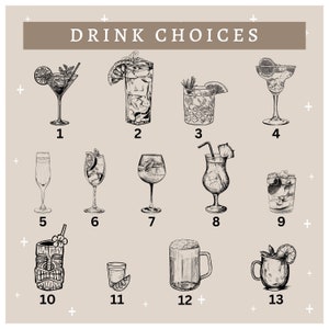 May include: A menu of 13 different drink choices, illustrated with hand-drawn sketches of cocktails, mocktails, and other beverages. The menu is numbered 1 through 13.