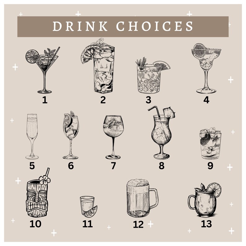 May include: A menu of 13 different drink choices, illustrated with hand-drawn sketches of cocktails, mocktails, and other beverages. The menu is numbered 1 through 13.