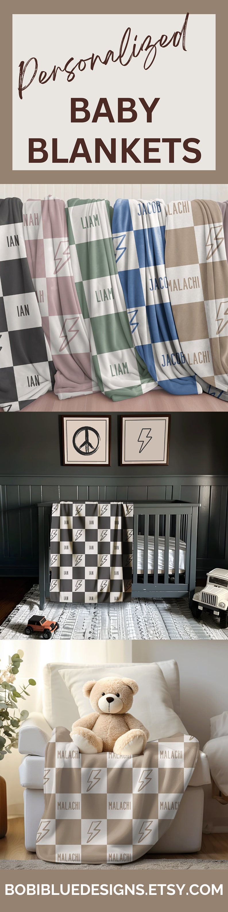 May include: Four personalized baby blankets with a checkered pattern and a lightning bolt design. The blankets are in different colors: black and white, pink and white, green and white, and blue and white. The names "Ian", "Liam", "Jacob Lachi", and "Malachi" are printed on the blankets.