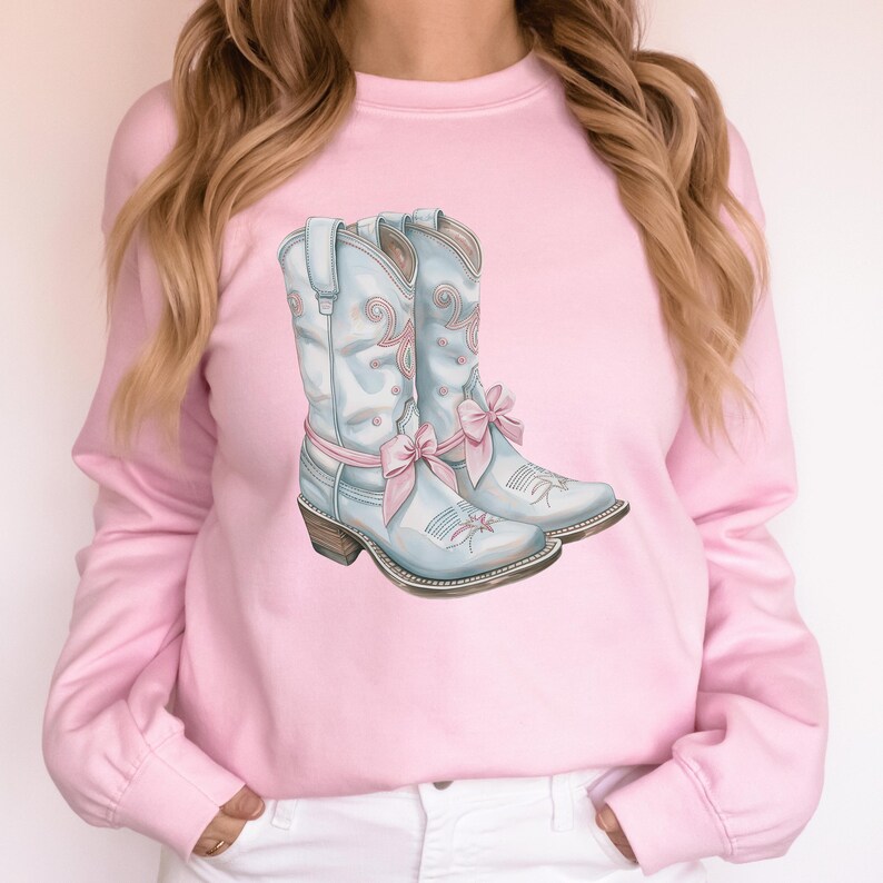 Coquette Cowgirl Sweatshirt Boots Bow Aesthetic Crewneck Pink Bows Western Sweatshirt Concert Merch Cute Gift Light Pink Sweatshirt