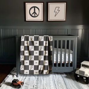 Custom Baby Shower Gift for Newborn Boy Cool Gift for Baby Boy Toddler Gift Checkered Custom Grey Black Baby Blanket Baby Boys Room.