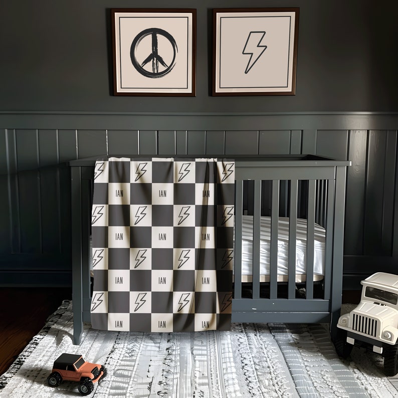 Custom Baby Shower Gift for Newborn Boy Cool Gift for Baby Boy Toddler Gift Checkered Custom Grey Black Baby Blanket Baby Boys Room.
