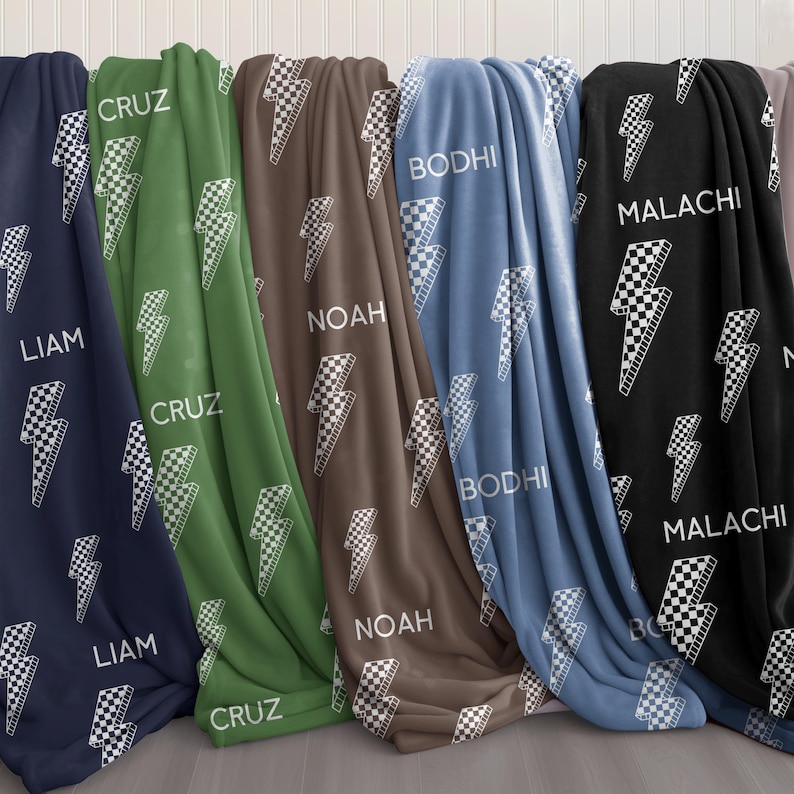 Personalized Newborn Boy Checked Bolt Baby Boy Name Blanket Custom Baby Shower Gift Blue Baby Boy Blanket Green Boy Blanket Brown Boy Blanket Light Blue Boy Blanket Black Boy Blanket