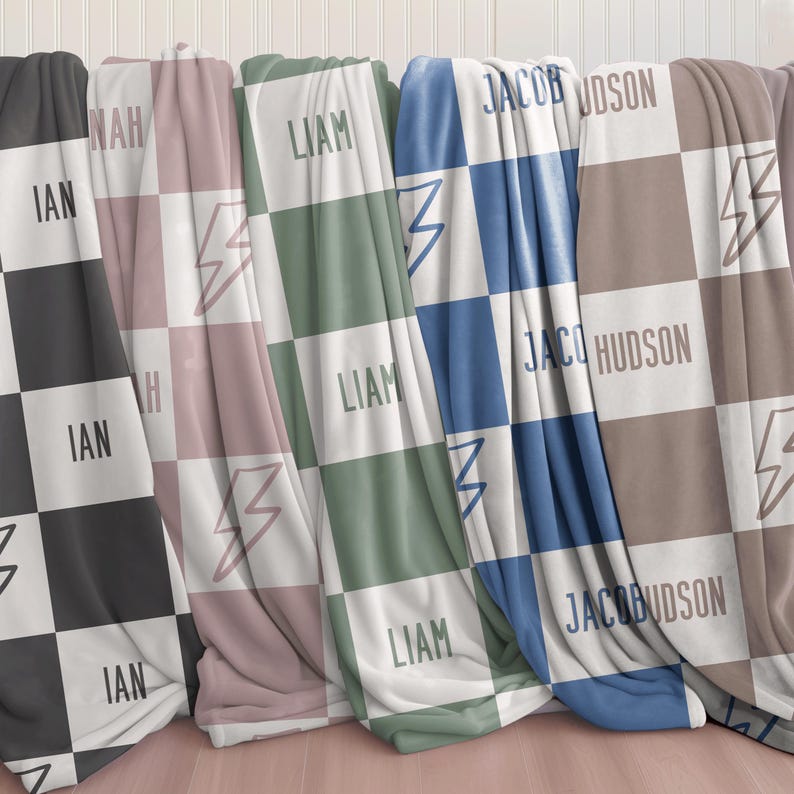 Personalized Baby Boy Name Blanket Custom Baby Shower Gift for Newborn Boy Black Pink Green Blue Tan Checkered Baby Blanket with Lightning Bolt