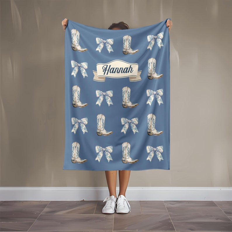 Coastal Cowgirl Western Aesthetic Blue Bows Coquette Cowgirl Boots and Bows Custom Name Blanket