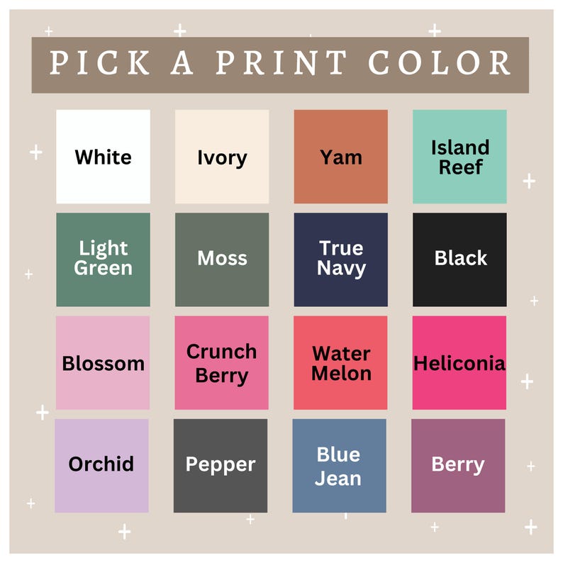 May include: A chart with 16 color swatches, each with a name. The colors include white, ivory, yam, island reef, light green, moss, true navy, black, blossom, crunch berry, water melon, heliconia, orchid, pepper, blue jean, and berry.