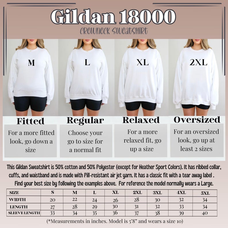 May include: White Gildan 18000 crewneck sweatshirt with size guide. The image shows four models wearing the sweatshirt in sizes M, L, XL, and 2XL. The size chart provides measurements in inches for width, length, and sleeve length.